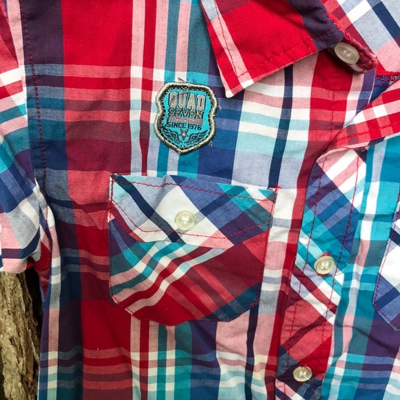 Quad Seven Boys Plaid Short Sleeves Button Up Down Shirt Red Blue Pockets Collar - Picture 3 of 10